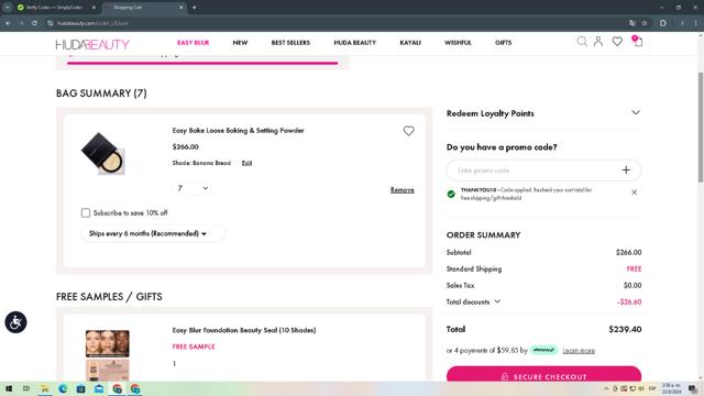 Huda Beauty checkout page showing Huda Beauty promo code box | Screenshot taken by SimplyCodes community member on Aug 23, 2024