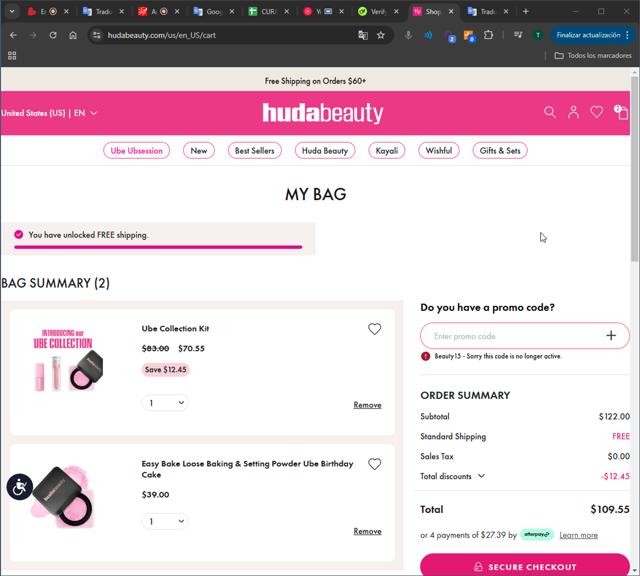 Huda Beauty checkout page showing Huda Beauty promo code box | Screenshot taken by SimplyCodes community member on Jan 12, 2025