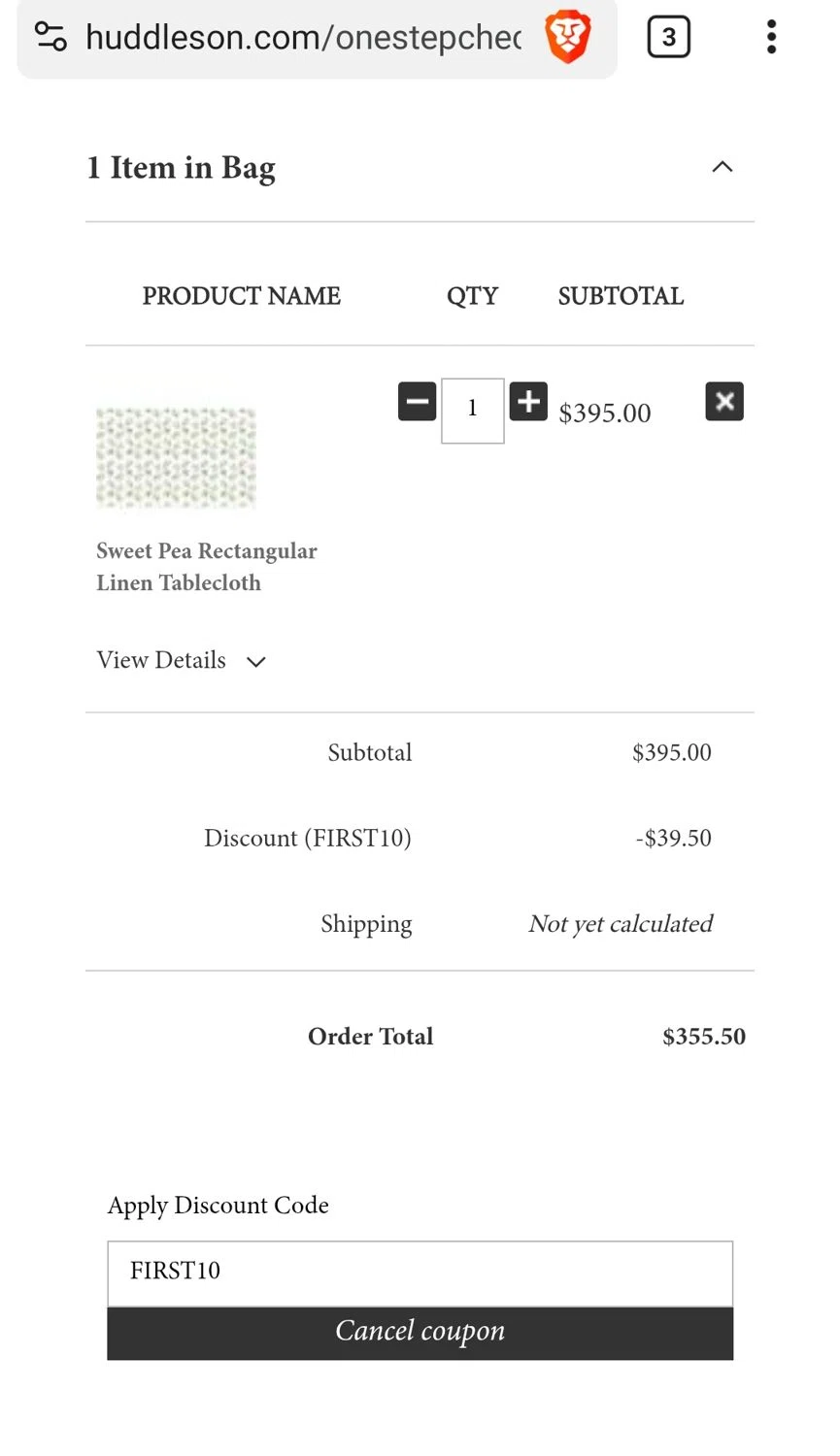 Huddleson promo code screenshot showing code FIRST10 applied at Huddleson checkout page. Uploaded by SimplyCodes community member JuanMonge on May 24, 2025