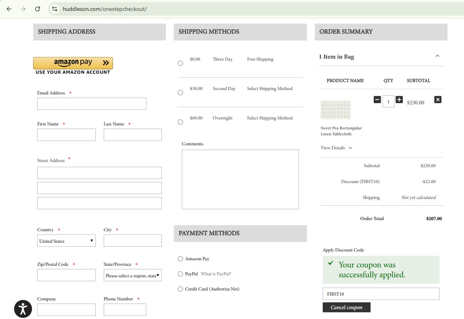 Huddleson promo code screenshot showing code FIRST10 applied at Huddleson checkout page. Uploaded by SimplyCodes community member TokenChaser7698 on Aug 7, 2025