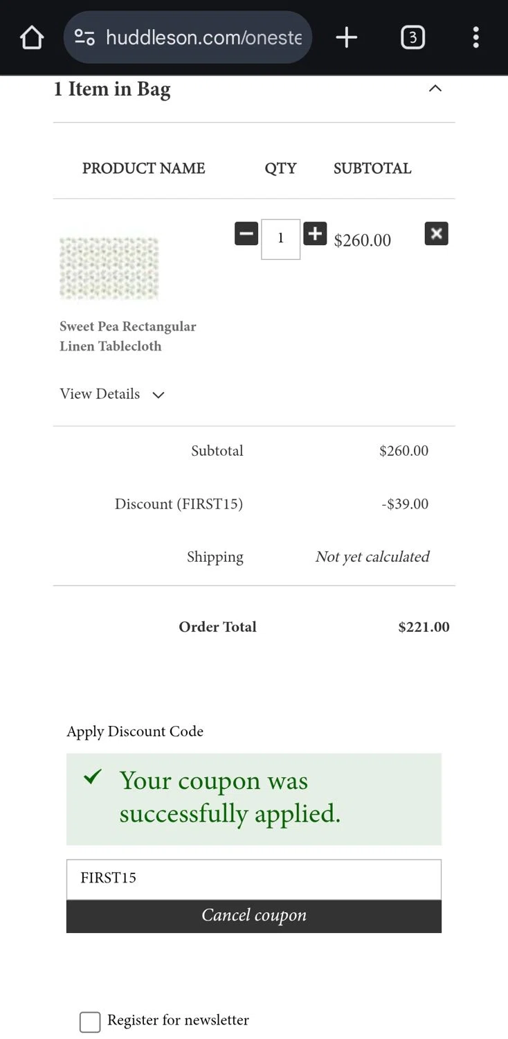 Huddleson promo code screenshot showing code FIRST15 applied at Huddleson checkout page. Uploaded by SimplyCodes community member gerardlaya on May 17, 2025