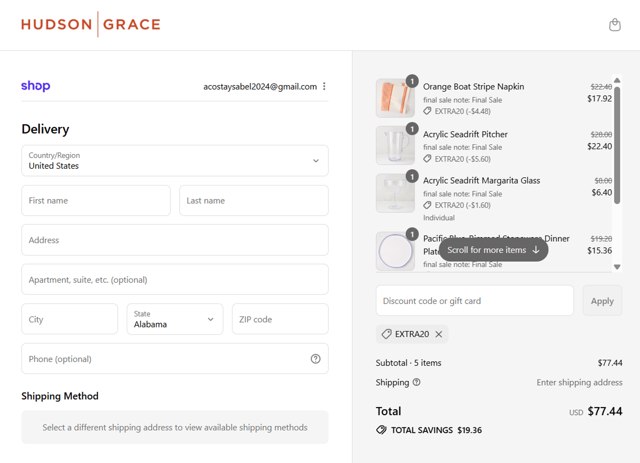 Hudson Grace checkout page showing Hudson Grace discount code box | Screenshot taken by SimplyCodes community member on Aug 29, 2025