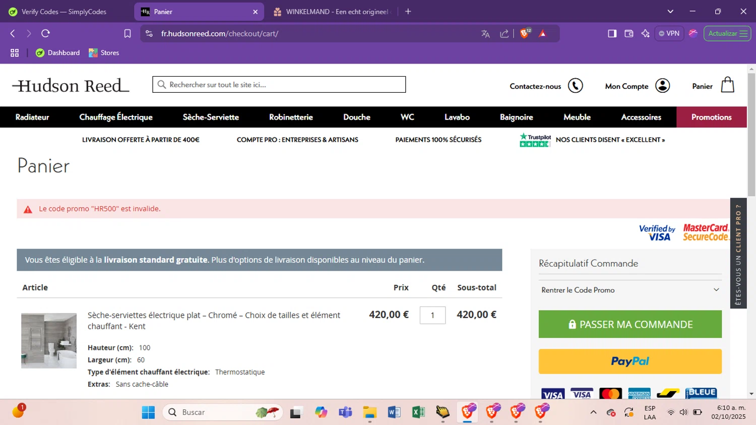 Hudson Reed promo code screenshot showing code HR500 applied at Hudson Reed checkout page. Uploaded by SimplyCodes community member antoooooooooooooo on Feb 10, 2025