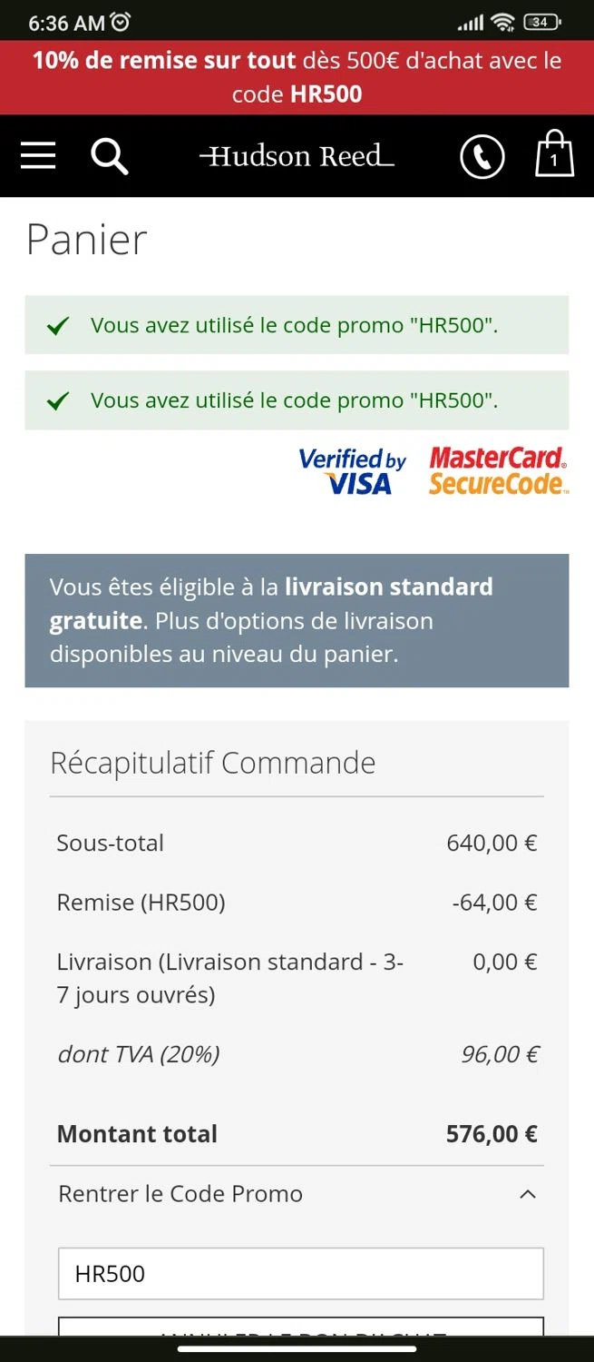 Hudson Reed checkout page showing Hudson Reed promo code box | Screenshot taken by SimplyCodes community member on Mar 11, 2024