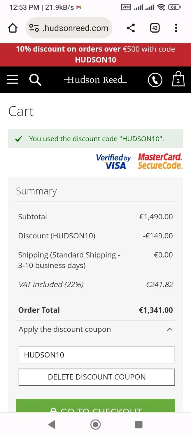 Hudson Reed checkout page showing Hudson Reed promo code box | Screenshot taken by SimplyCodes community member on Sep 28, 2023