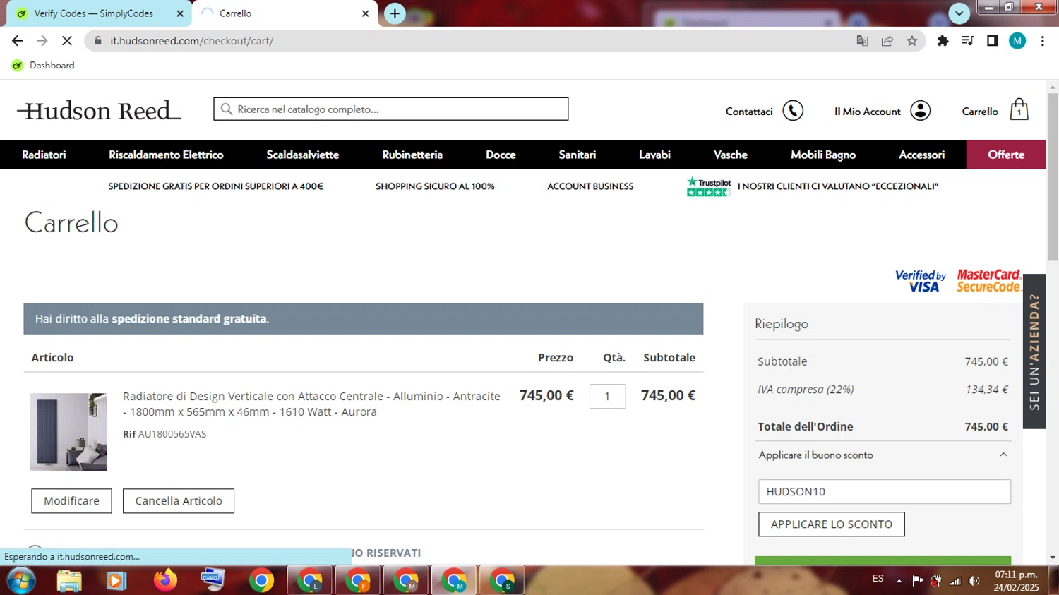 Hudson Reed promo code screenshot showing code HUDSON10 applied at Hudson Reed checkout page. Uploaded by SimplyCodes community member ShieldGuardian4930 on Feb 24, 2025