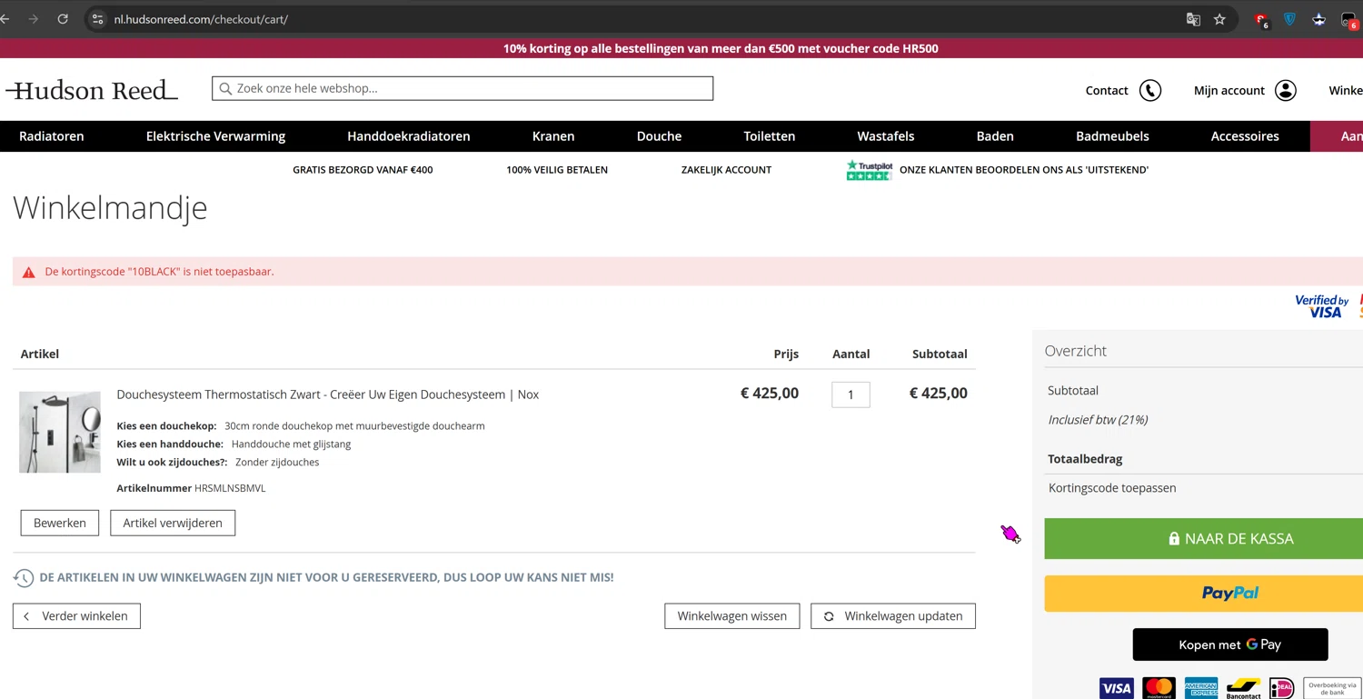 Hudson Reed promo code screenshot showing code 10BLACK applied at Hudson Reed checkout page. Uploaded by SimplyCodes community member Cbombis on Jan 24, 2025