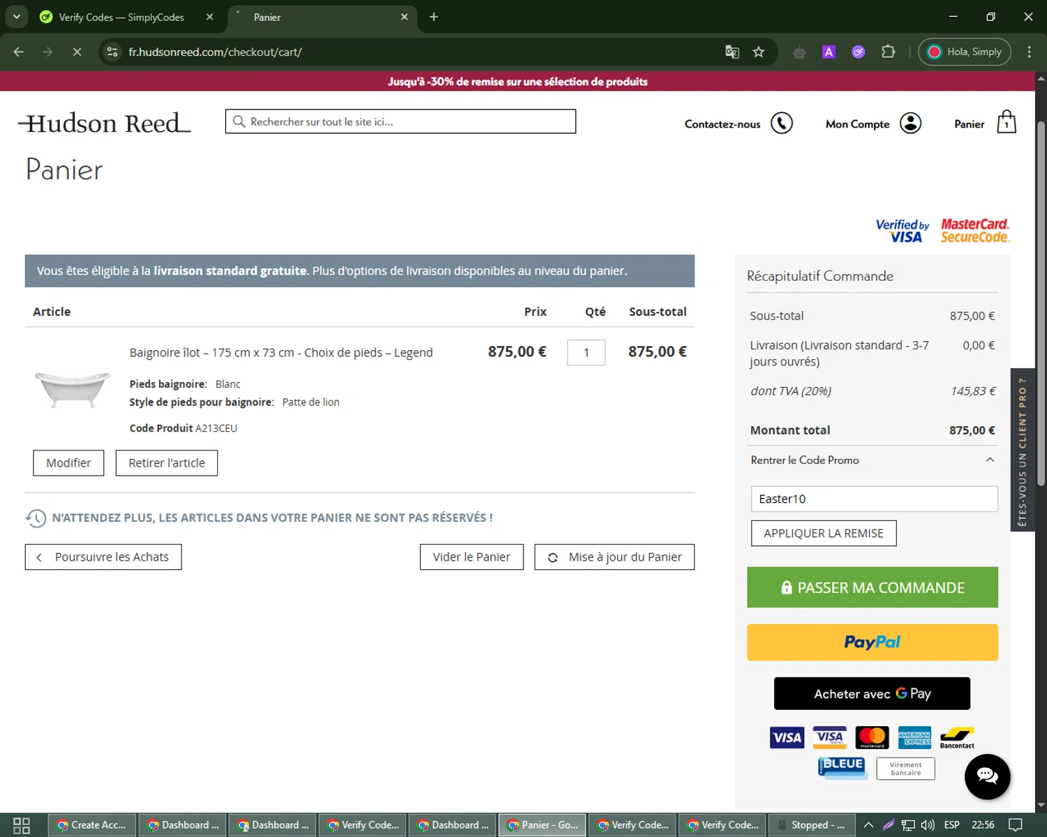 Hudson Reed checkout page showing Hudson Reed promo code box | Screenshot taken by SimplyCodes community member on May 8, 2025