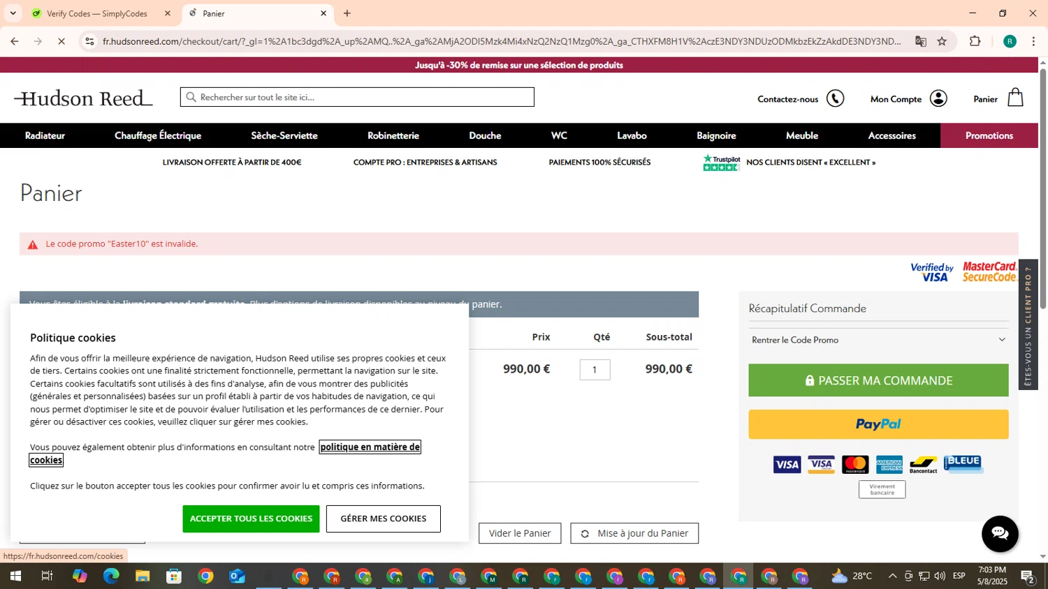 Hudson Reed promo code screenshot showing code Easter10 applied at Hudson Reed checkout page. Uploaded by SimplyCodes community member CleverCurator1217 on May 8, 2025