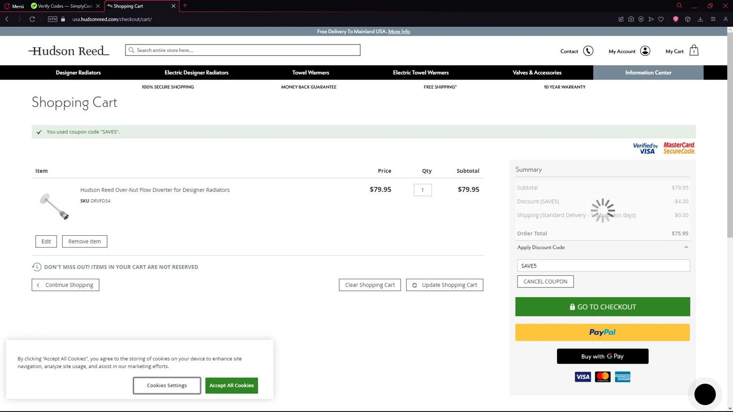 Hudson Reed promo code screenshot showing code SAVE5 applied at Hudson Reed checkout page. Uploaded by SimplyCodes community member LegendarySeeker3956 on Sep 13, 2025
