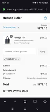 SUTLER10 coupon verification screenshot