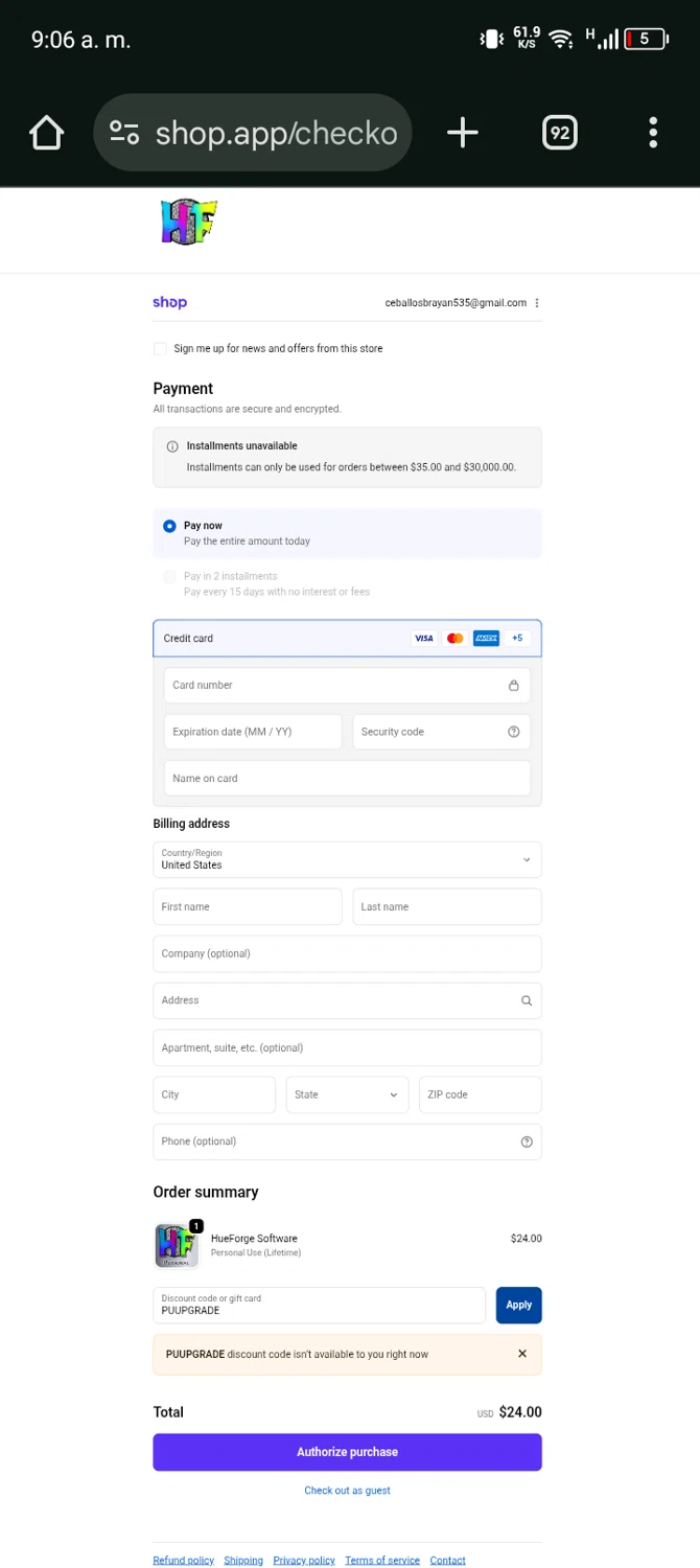 HueForge discount code screenshot showing code PUUPGRADE applied at HueForge checkout page. Uploaded by SimplyCodes community member Bernado on Dec 15, 2025