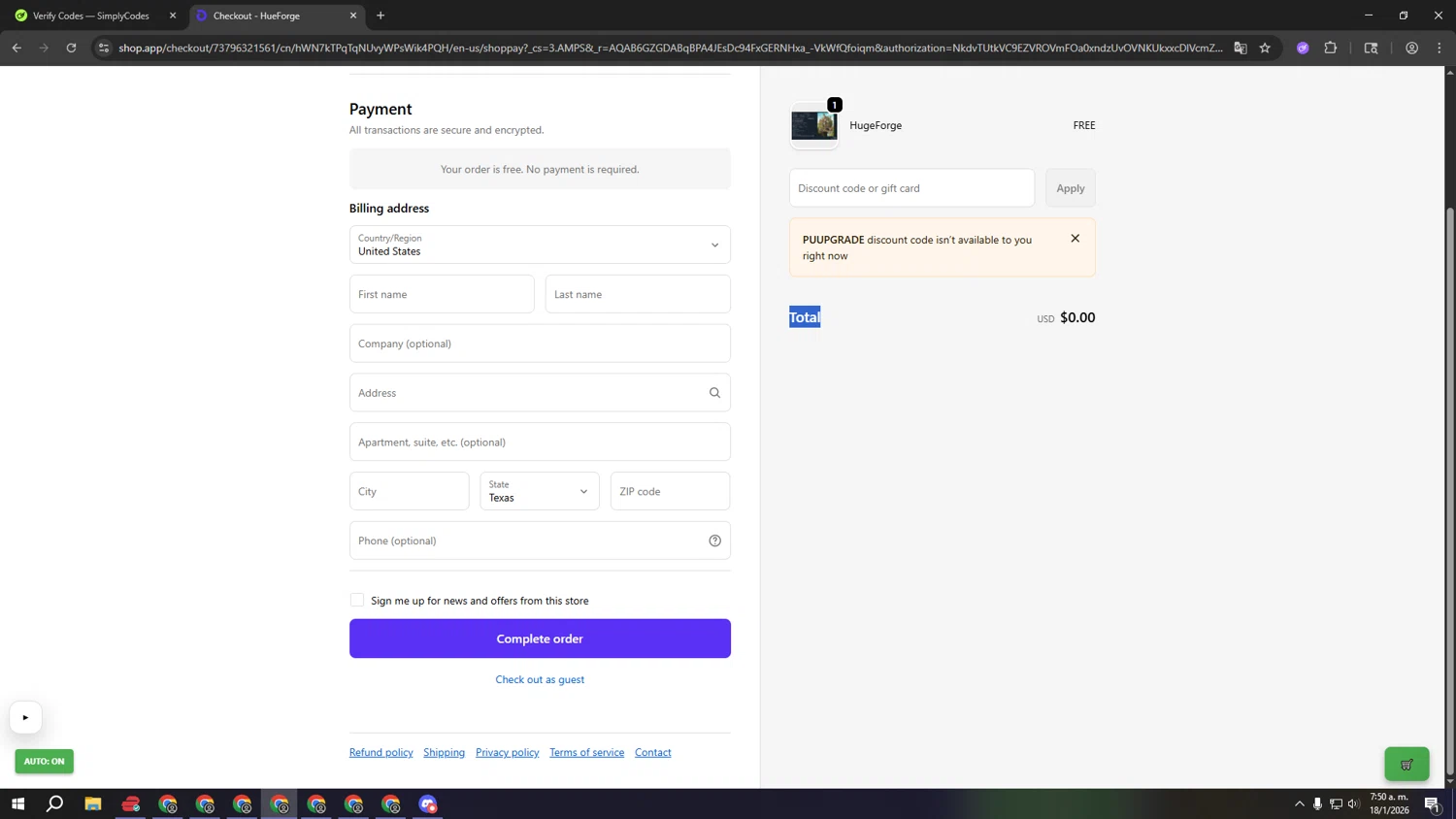 HueForge discount code screenshot showing code PUUPGRADE applied at HueForge checkout page. Uploaded by SimplyCodes community member gggggggggggggggggggggg on Jan 18, 2026