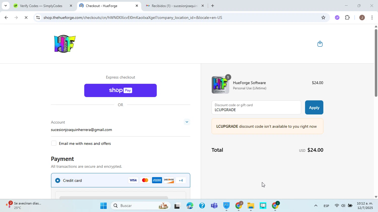 HueForge discount code screenshot showing code LCUPGRADE applied at HueForge checkout page. Uploaded by SimplyCodes community member ABHF23 on Jul 12, 2025