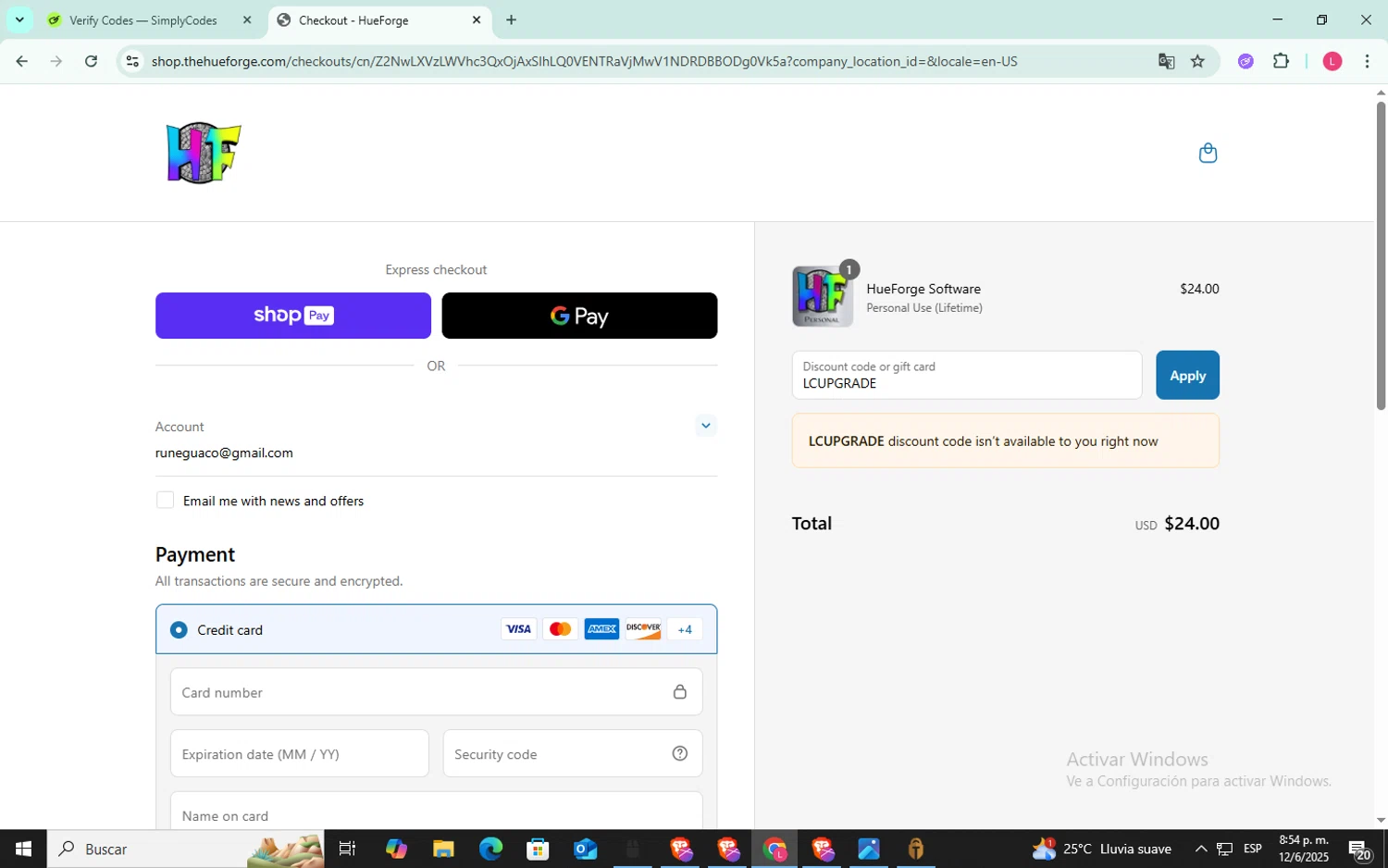 HueForge discount code screenshot showing code LCUPGRADE applied at HueForge checkout page. Uploaded by SimplyCodes community member SilverFox3257 on Jun 13, 2025