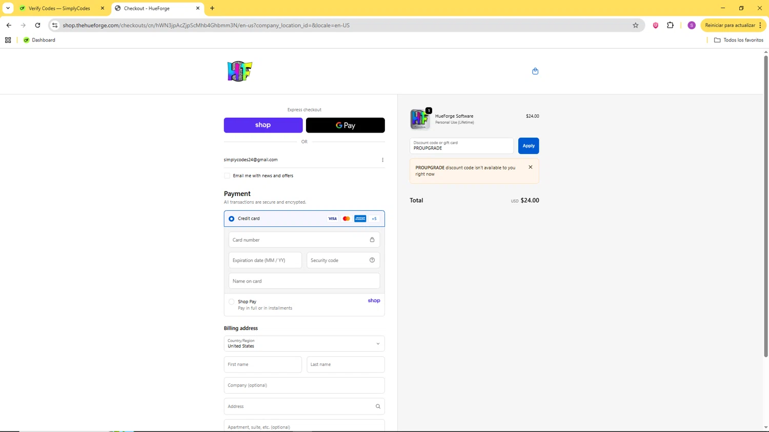 HueForge discount code screenshot showing code PROUPGRADE applied at HueForge checkout page. Uploaded by SimplyCodes community member CoinChaser799 on Oct 4, 2025