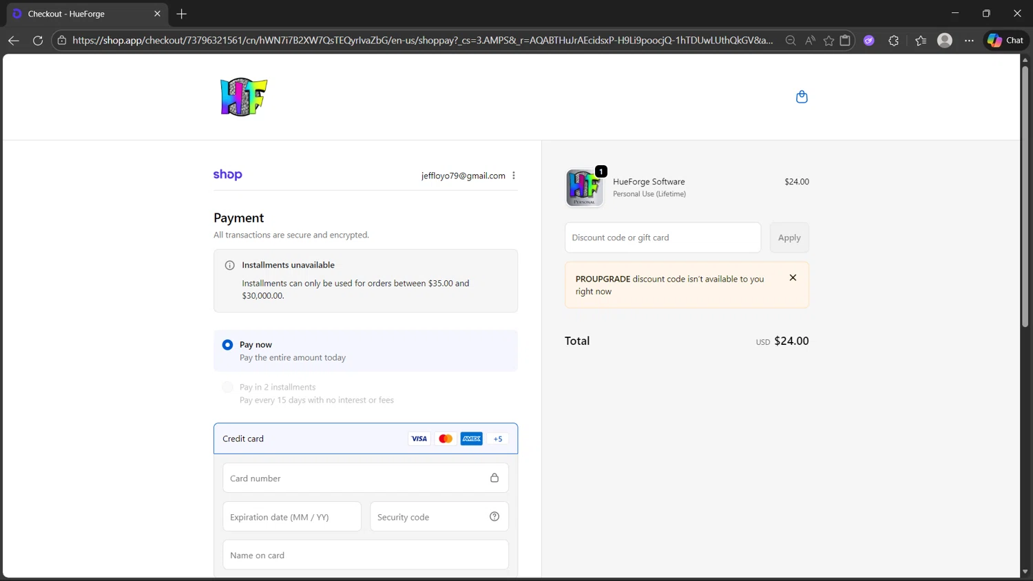 HueForge checkout page showing HueForge discount code box | Screenshot taken by SimplyCodes community member on Jan 17, 2026