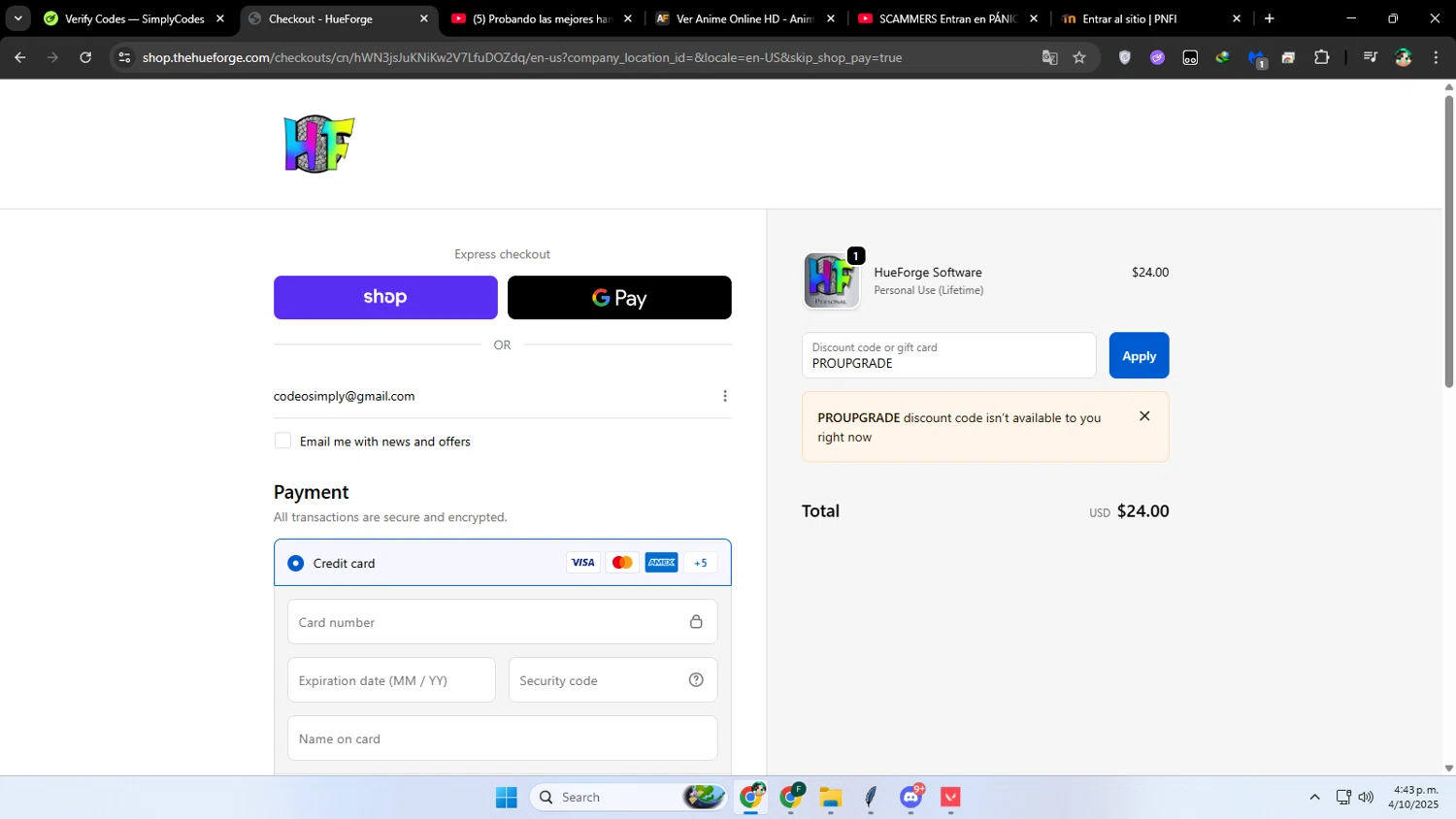 HueForge discount code screenshot showing code PROUPGRADE applied at HueForge checkout page. Uploaded by SimplyCodes community member franalepe on Oct 4, 2025
