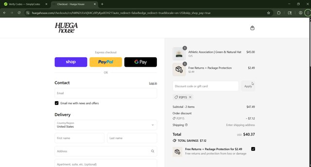 Huega House checkout page showing Huega House discount code box | Screenshot taken by SimplyCodes community member on Sep 1, 2025