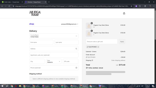 Huega House checkout page showing Huega House discount code box | Screenshot taken by SimplyCodes community member on Sep 1, 2025