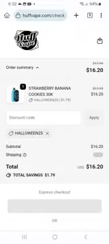 Huff Vape coupon verification screenshot