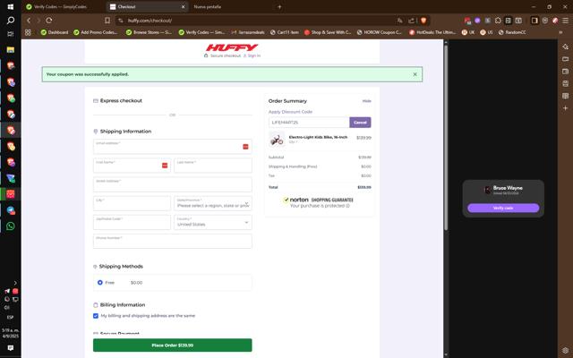 Huffy Bikes checkout page showing Huffy Bikes coupon code box | Screenshot taken by SimplyCodes community member on Sep 4, 2025