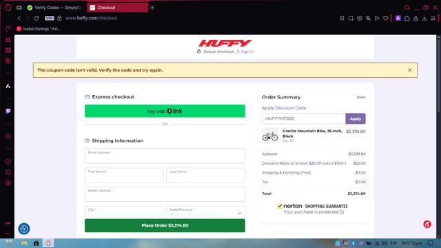 Huffy Bikes checkout page showing Huffy Bikes coupon code box | Screenshot taken by SimplyCodes community member on Aug 13, 2025