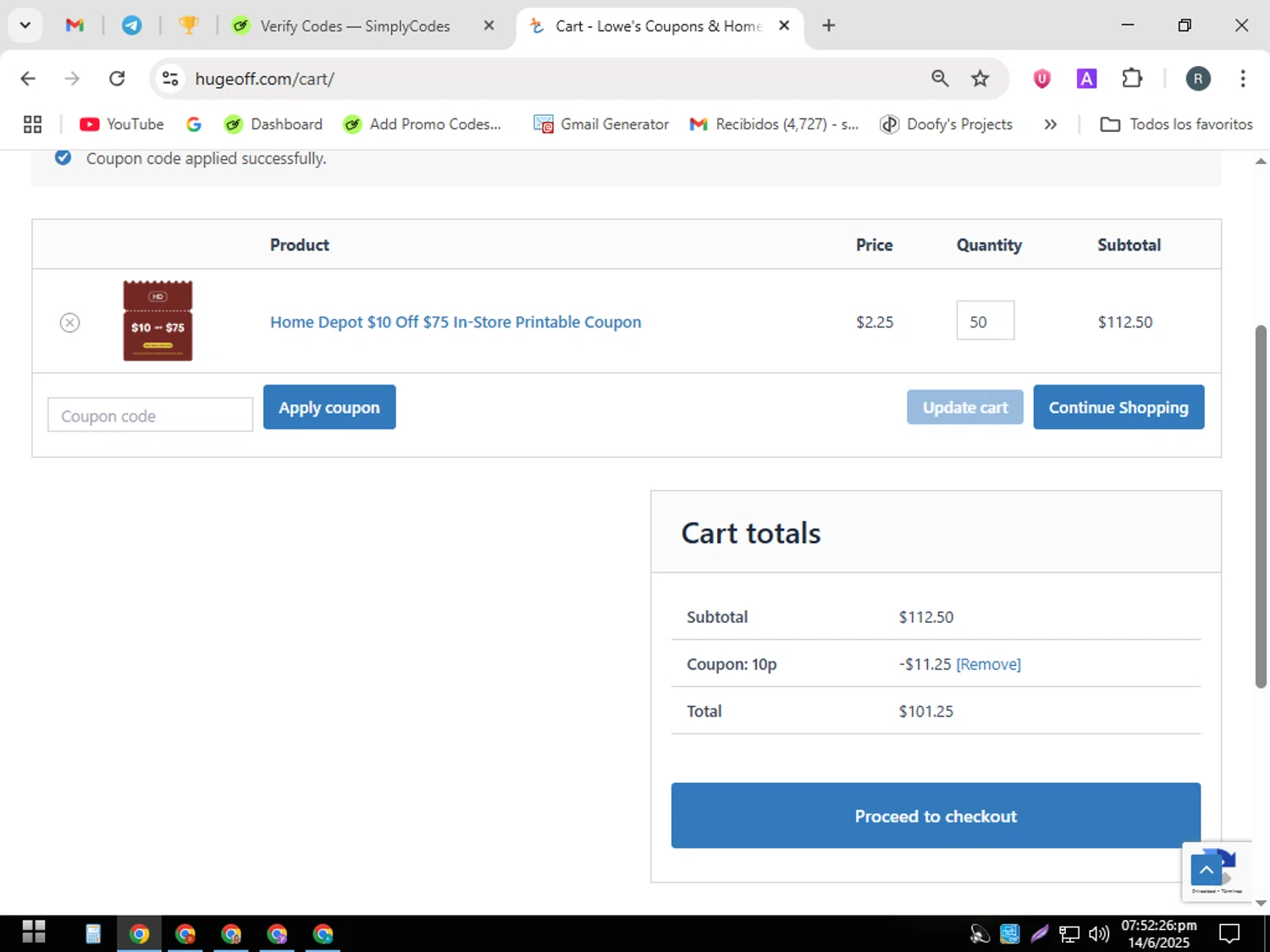 Hugeoff coupon code screenshot showing code 10p applied at Hugeoff checkout page. Uploaded by SimplyCodes community member PennyWizard7963 on Jun 14, 2025