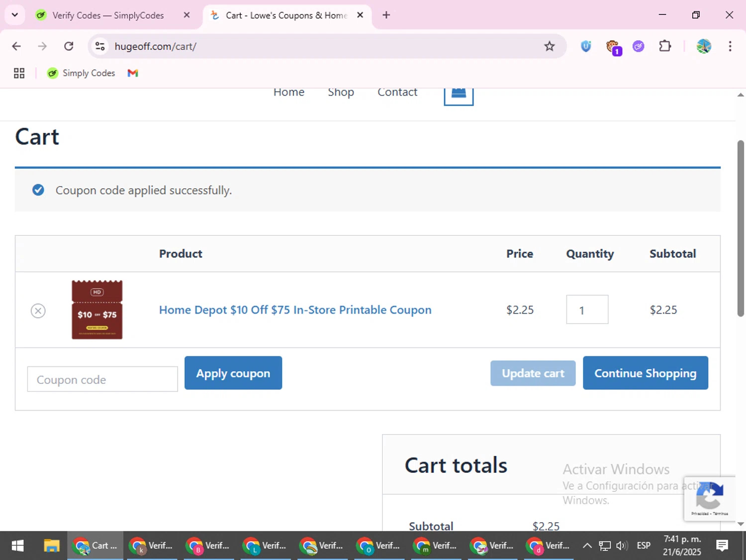 Hugeoff coupon code screenshot showing code 10p applied at Hugeoff checkout page. Uploaded by SimplyCodes community member ShrewdSpotter4101 on Jun 21, 2025