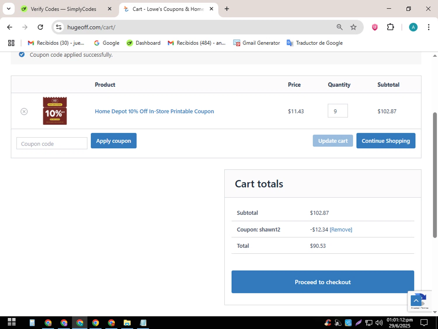 Hugeoff coupon code screenshot showing code SHAWN12 applied at Hugeoff checkout page. Uploaded by SimplyCodes community member SavingsScout358 on Jun 29, 2025
