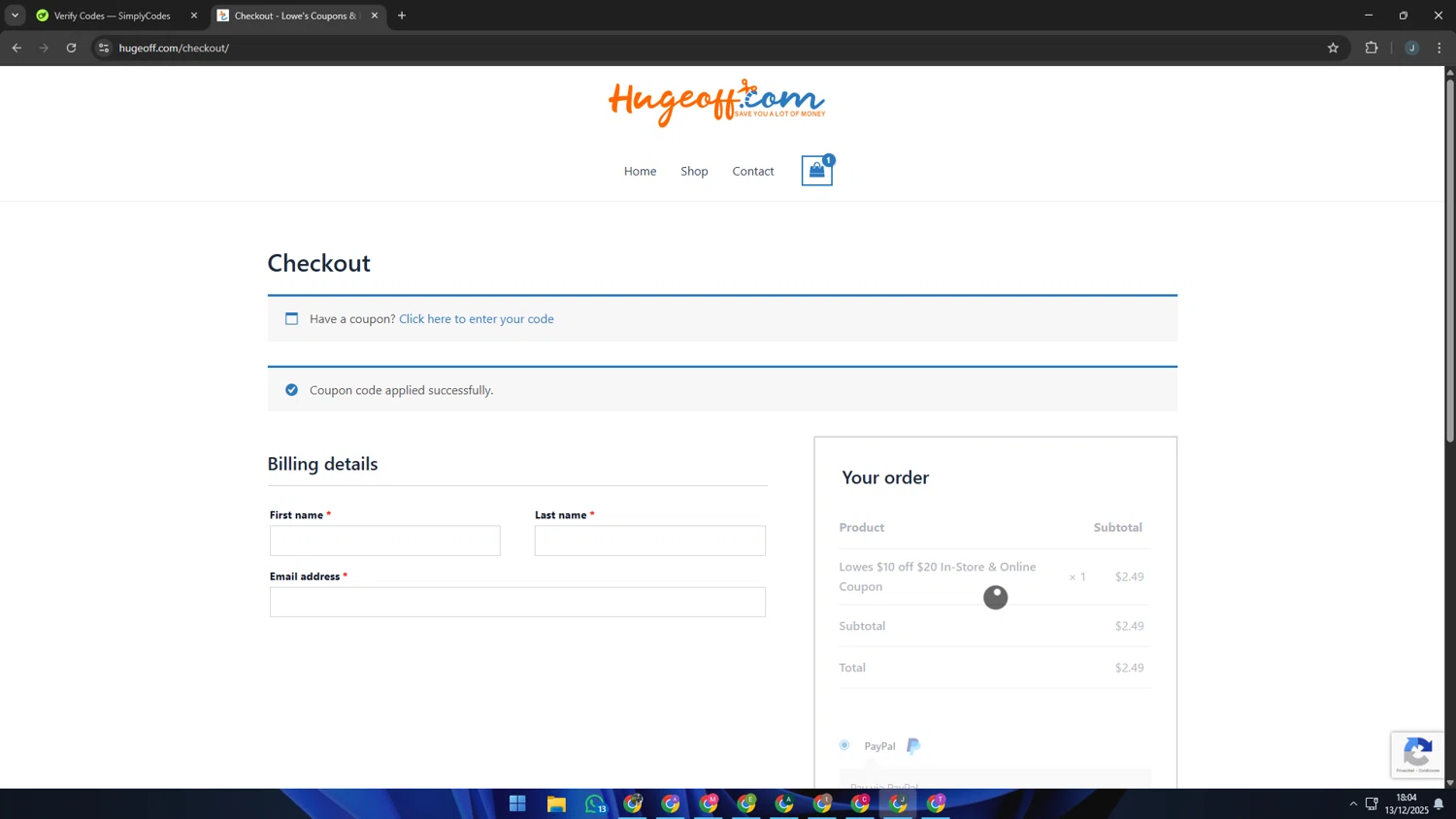 Hugeoff coupon code screenshot showing code loyal20p applied at Hugeoff checkout page. Uploaded by SimplyCodes community member AVATIGRITO on Dec 13, 2025