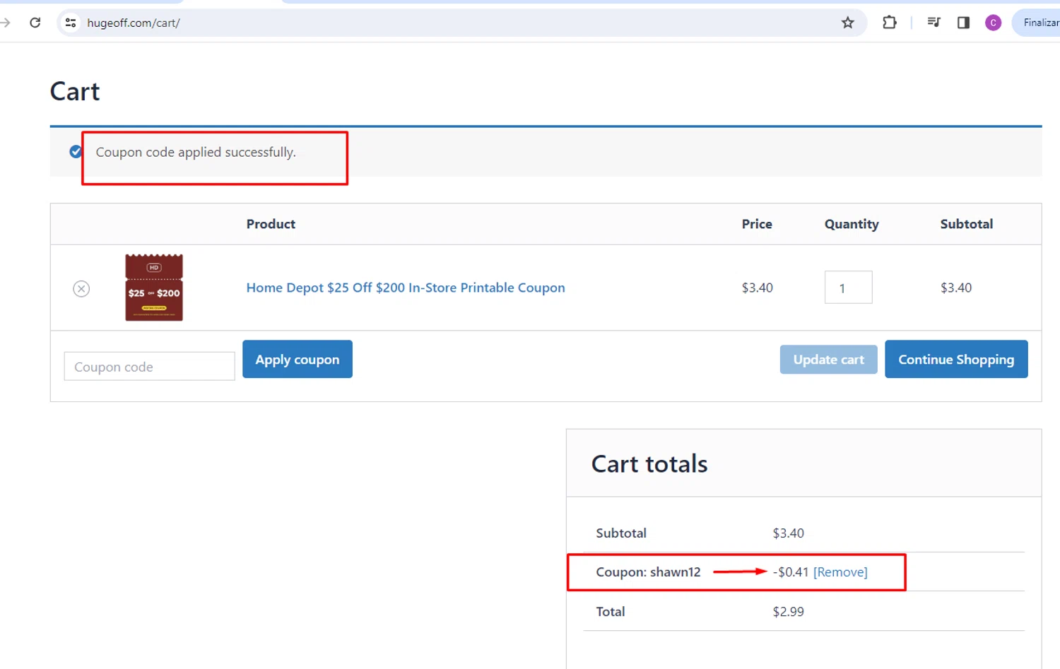 Hugeoff coupon code screenshot showing code SHAWN12 applied at Hugeoff checkout page. Uploaded by SimplyCodes community member nileskamarcano on Jun 29, 2025
