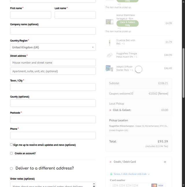 HugglePets UK checkout page showing HugglePets UK discount code box | Screenshot taken by SimplyCodes community member on Jun 27, 2025