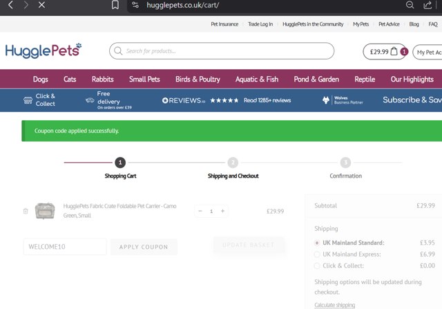 HugglePets UK checkout page showing HugglePets UK discount code box | Screenshot taken by SimplyCodes community member on Jul 22, 2025