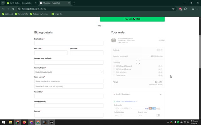 HugglePets UK checkout page showing HugglePets UK discount code box | Screenshot taken by SimplyCodes community member on Jun 27, 2025