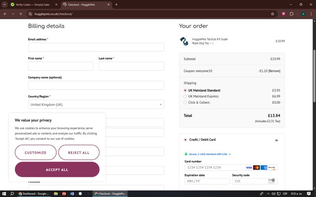HugglePets UK checkout page showing HugglePets UK discount code box | Screenshot taken by SimplyCodes community member on Aug 20, 2025