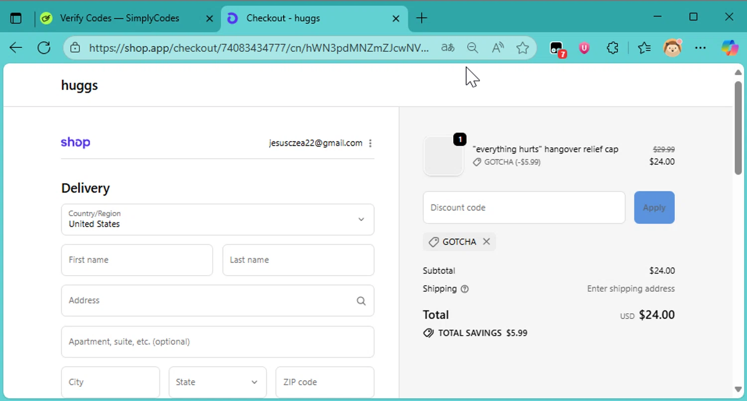 huggs promo code screenshot showing code GOTCHA applied at huggs checkout page. Uploaded by SimplyCodes community member DonutPunks on Oct 7, 2025
