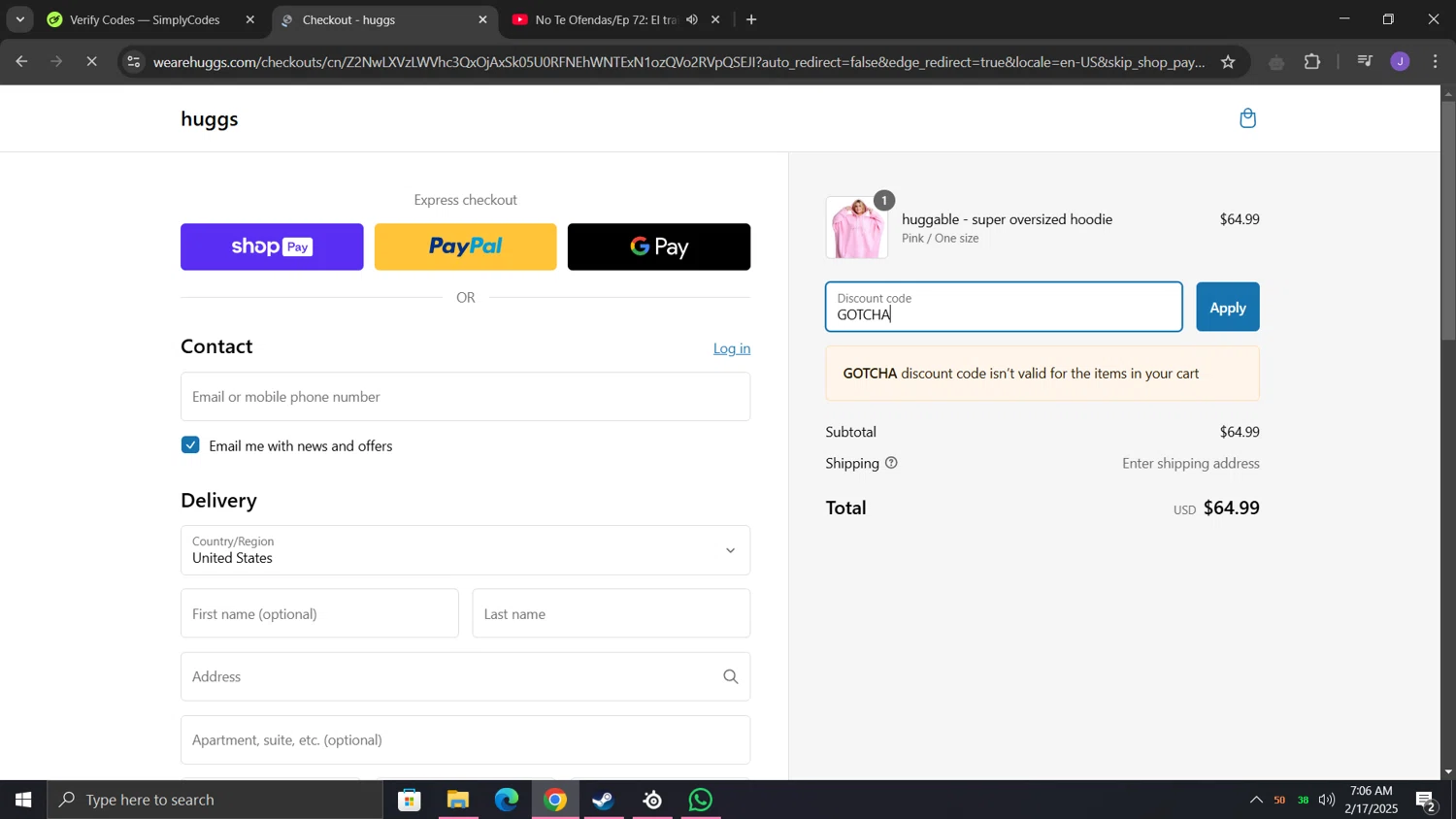 huggs promo code screenshot showing code GOTCHA applied at huggs checkout page. Uploaded by SimplyCodes community member lunita on Feb 17, 2025