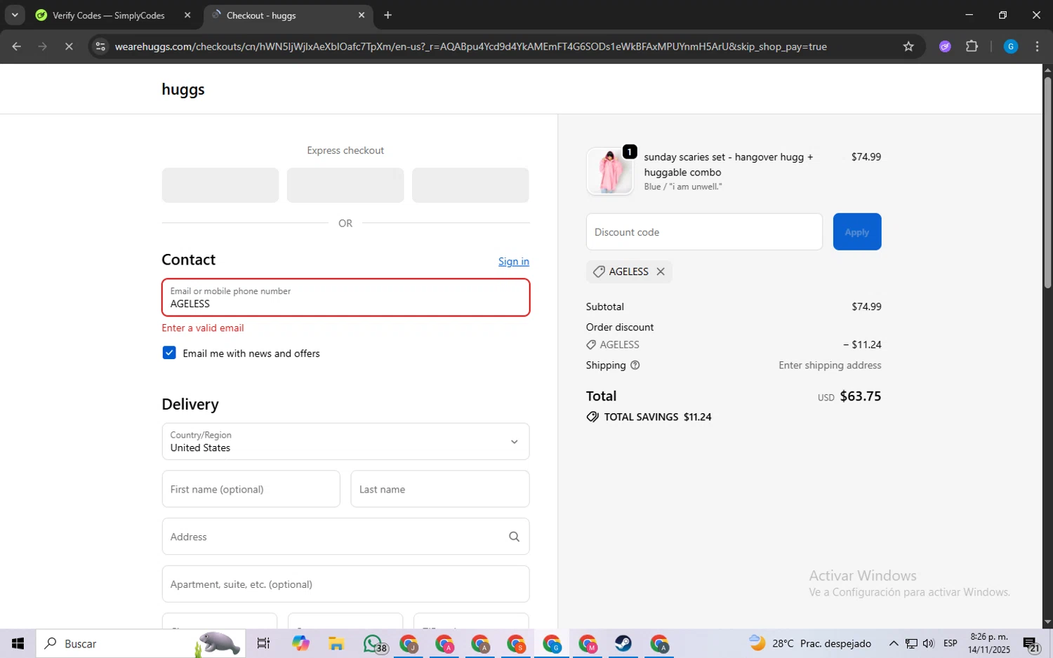 huggs promo code screenshot showing code AGELESS applied at huggs checkout page. Uploaded by SimplyCodes community member FrugalLynx8088 on Nov 15, 2025