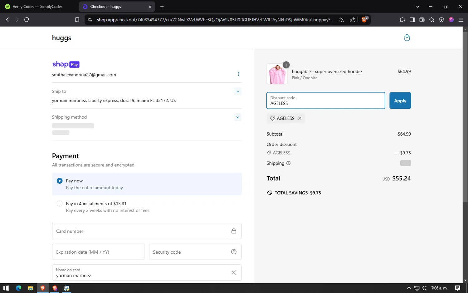 huggs promo code screenshot showing code AGELESS applied at huggs checkout page. Uploaded by SimplyCodes community member CouponElite4658 on Feb 17, 2025
