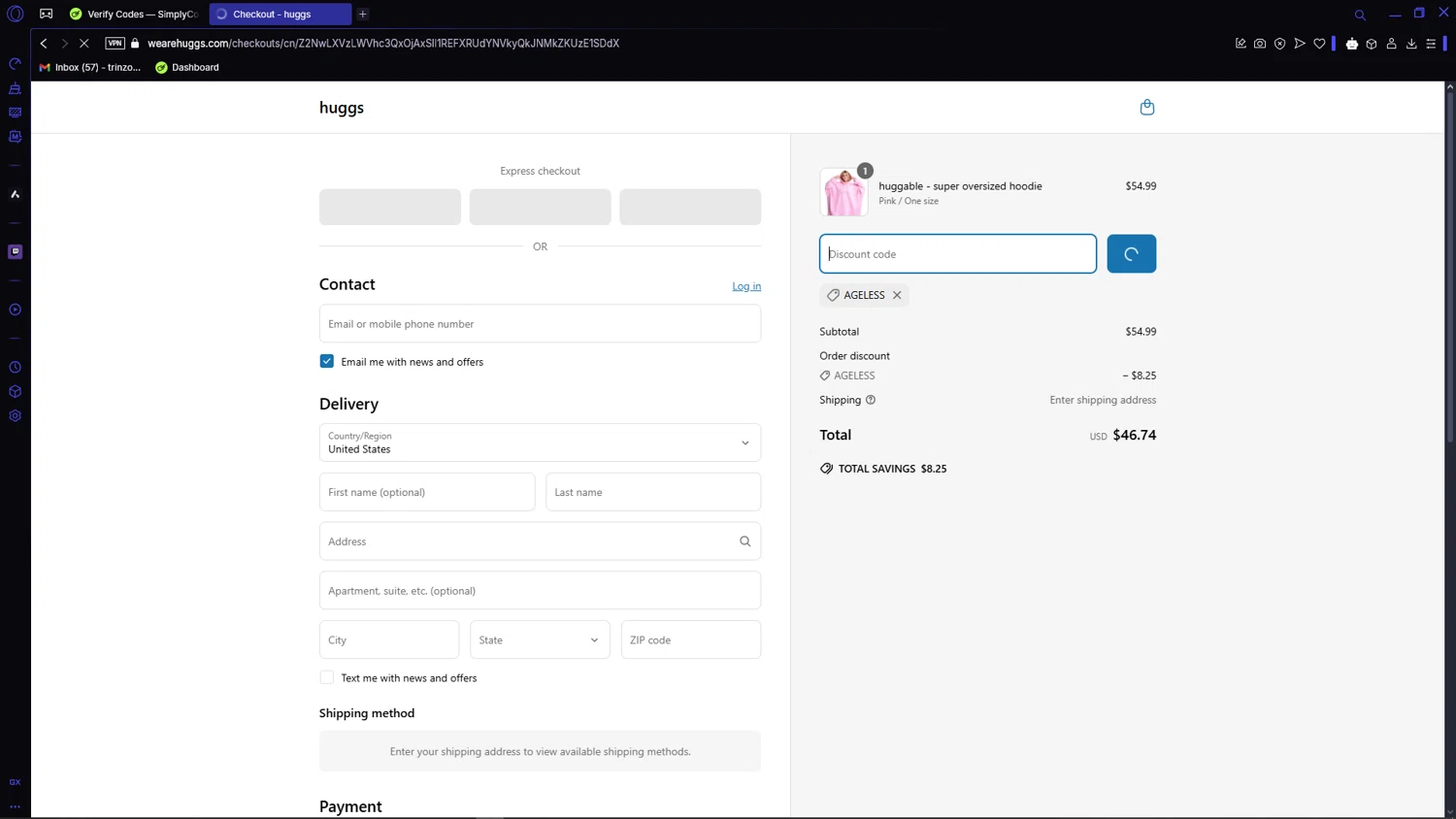 huggs promo code screenshot showing code AGELESS applied at huggs checkout page. Uploaded by SimplyCodes community member VictoriousCaptain3902 on Apr 6, 2025
