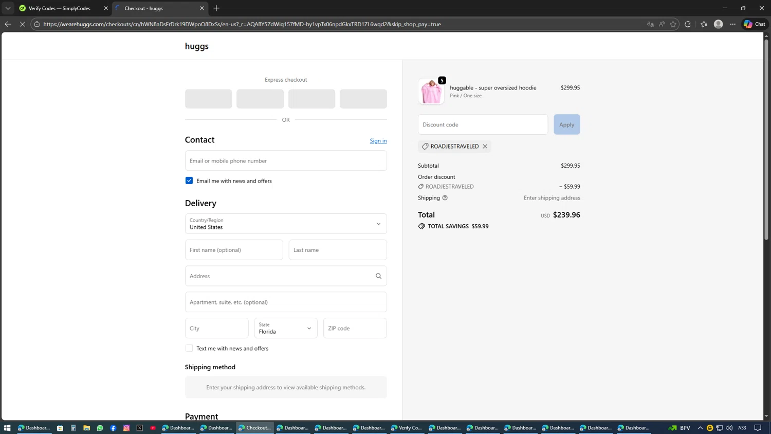 huggs promo code screenshot showing code ROADJESTRAVELED applied at huggs checkout page. Uploaded by SimplyCodes community member SAKURA on Feb 9, 2026