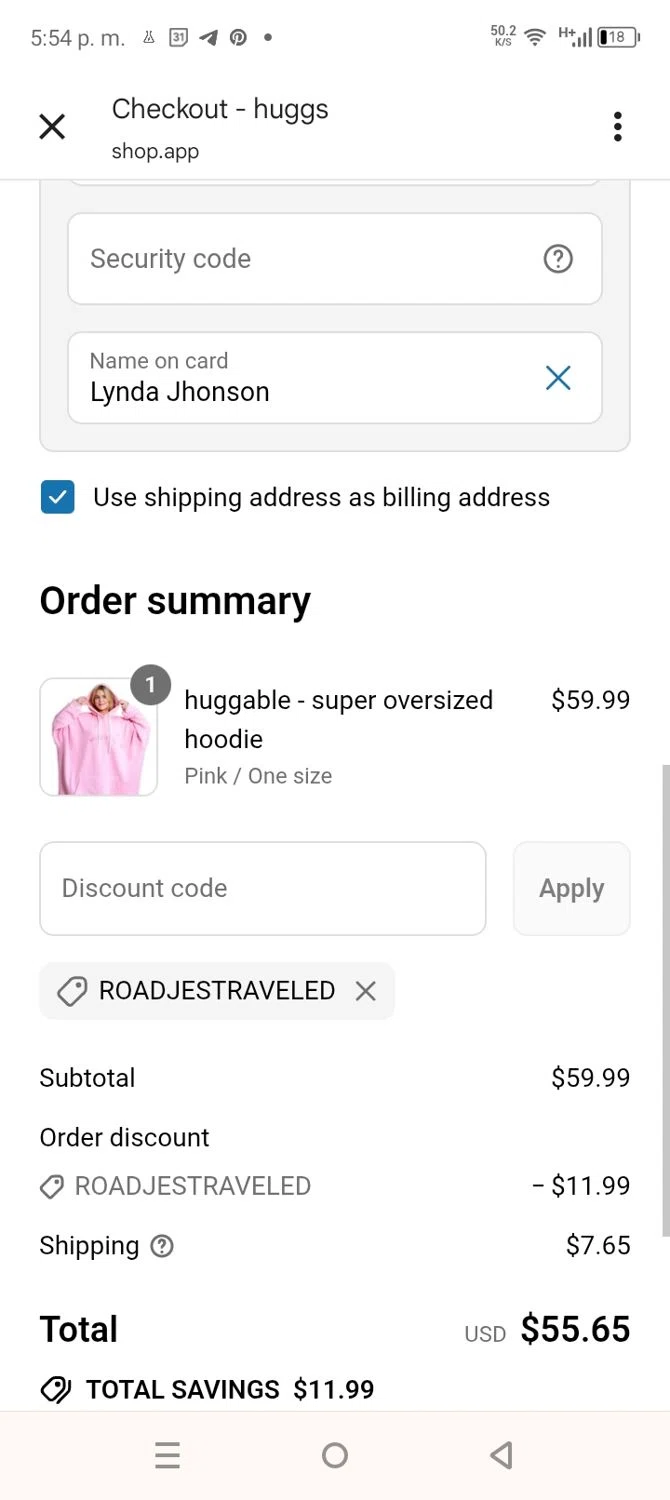 huggs promo code screenshot showing code ROADJESTRAVELED applied at huggs checkout page. Uploaded by SimplyCodes community member coromotopalmar on Jul 31, 2025