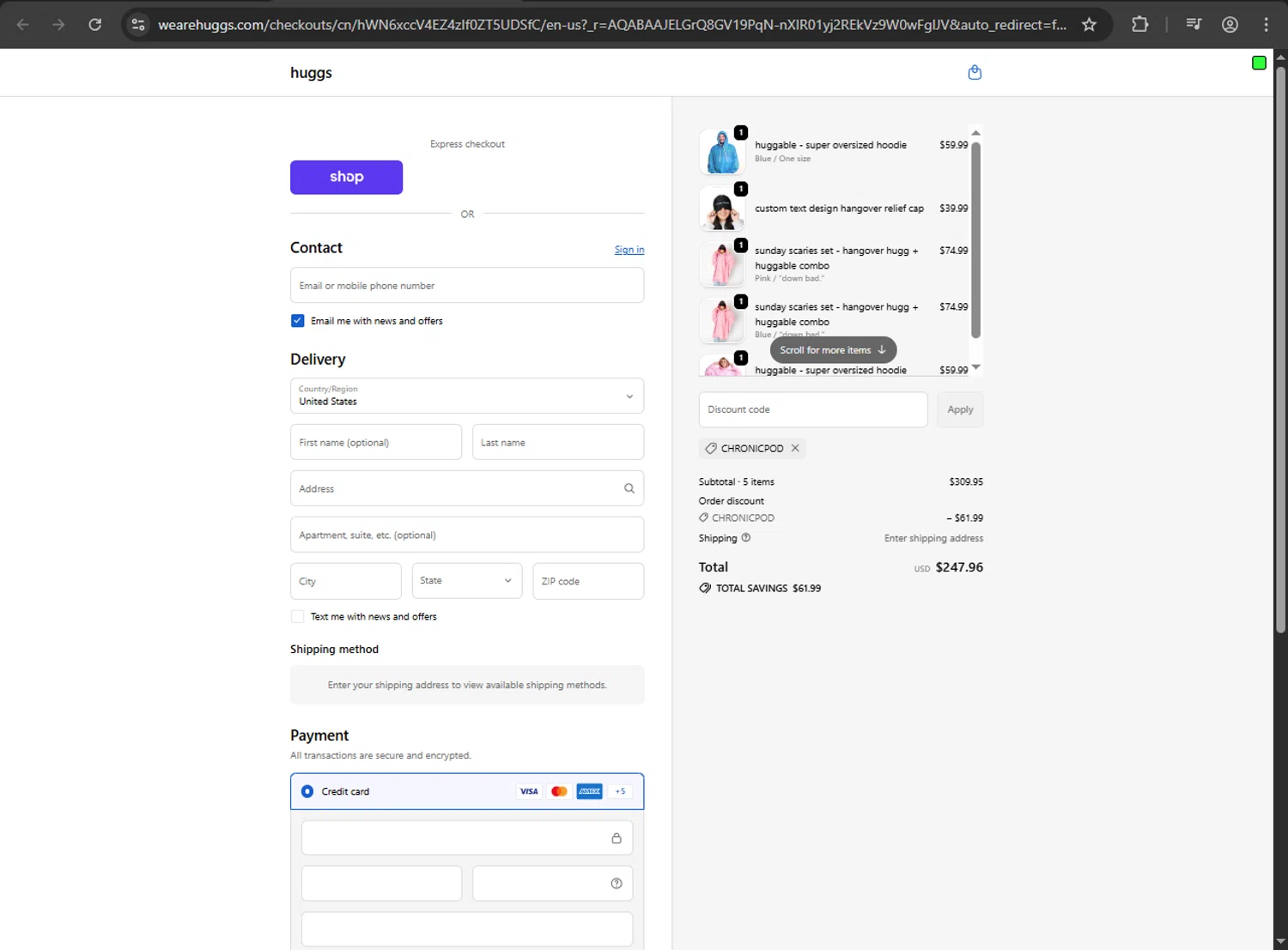 huggs promo code screenshot showing code chronicpod applied at huggs checkout page. Uploaded by SimplyCodes community member 61664350 on Dec 28, 2025