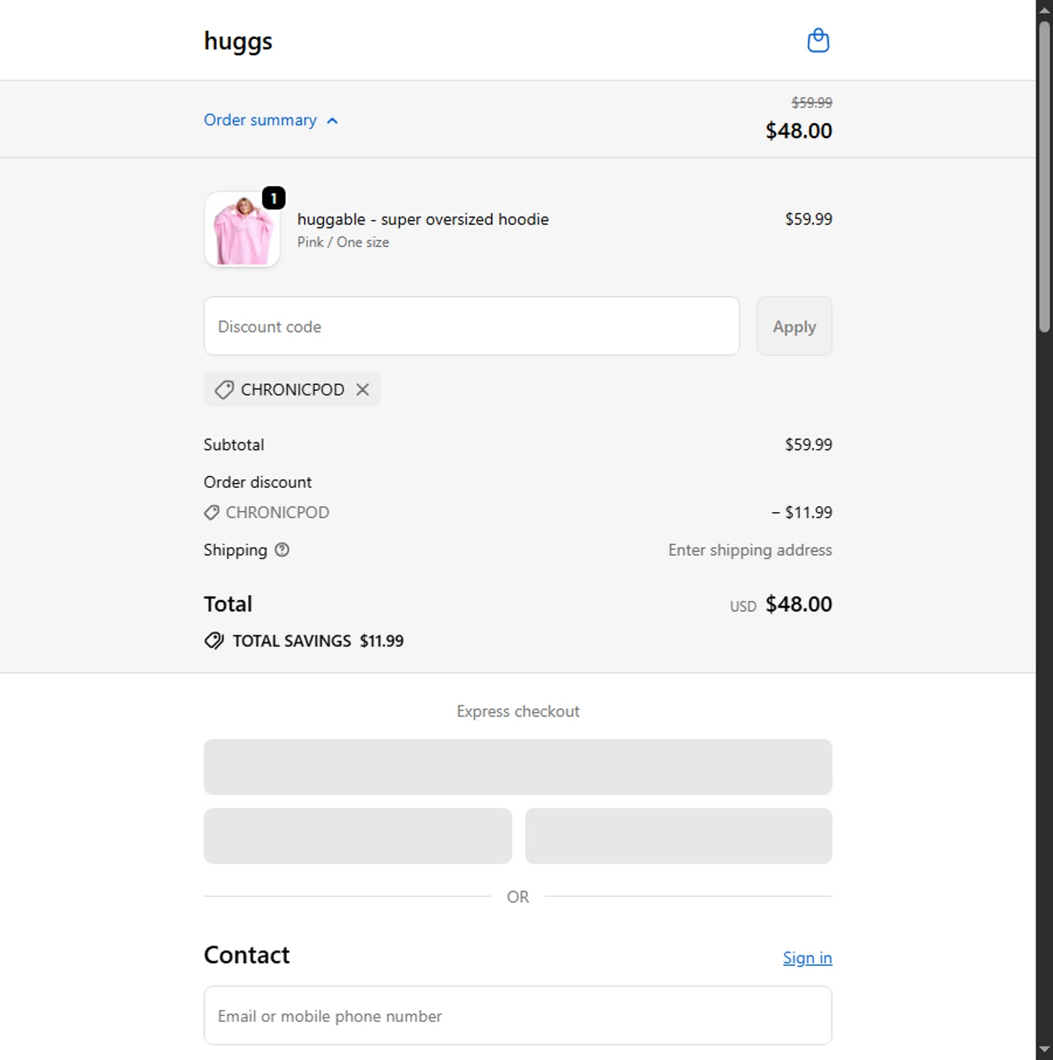 huggs promo code screenshot showing code chronicpod applied at huggs checkout page. Uploaded by SimplyCodes community member Beaaalmera on Sep 29, 2025