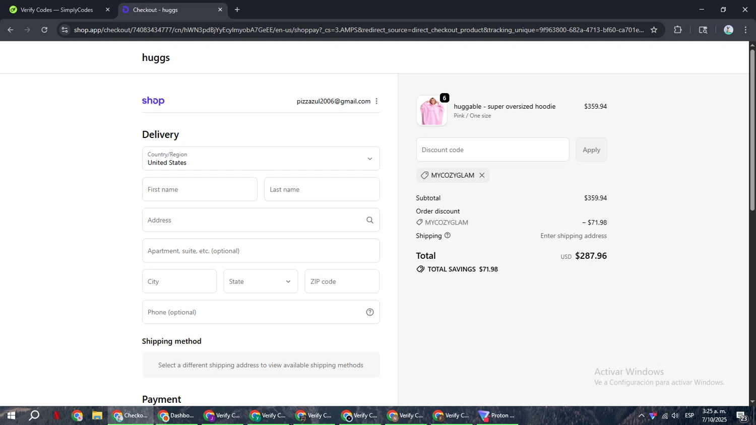huggs promo code screenshot showing code MYCOZYGLAM applied at huggs checkout page. Uploaded by SimplyCodes community member ShrewdSeeker6165 on Oct 7, 2025