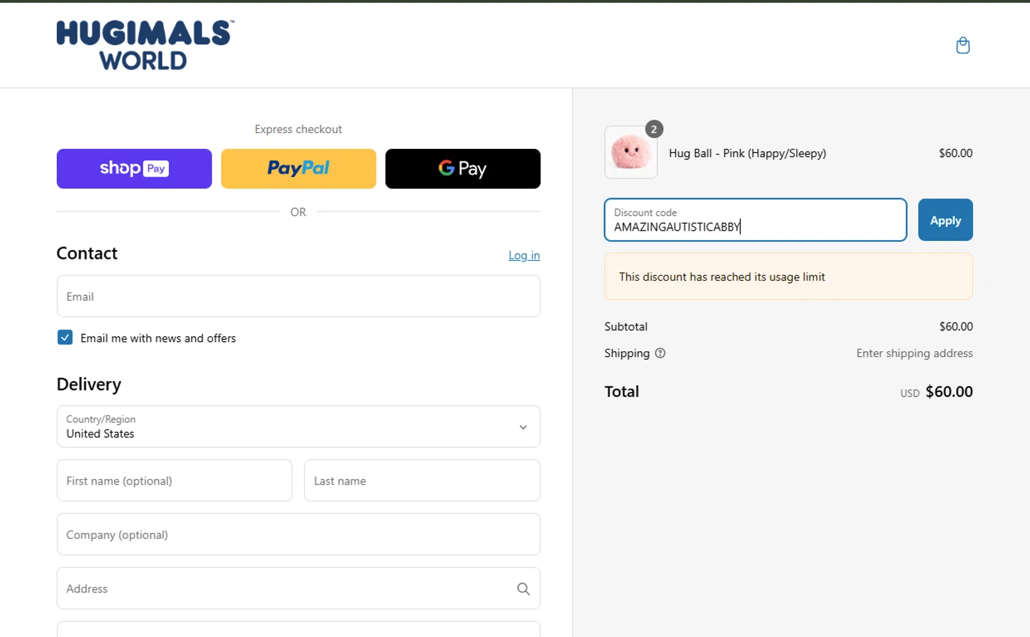 Hugimals World promo code screenshot showing code AMAZINGAUTISTICABBY applied at Hugimals World checkout page. Uploaded by SimplyCodes community member MagnificentSaver708 on Mar 4, 2025