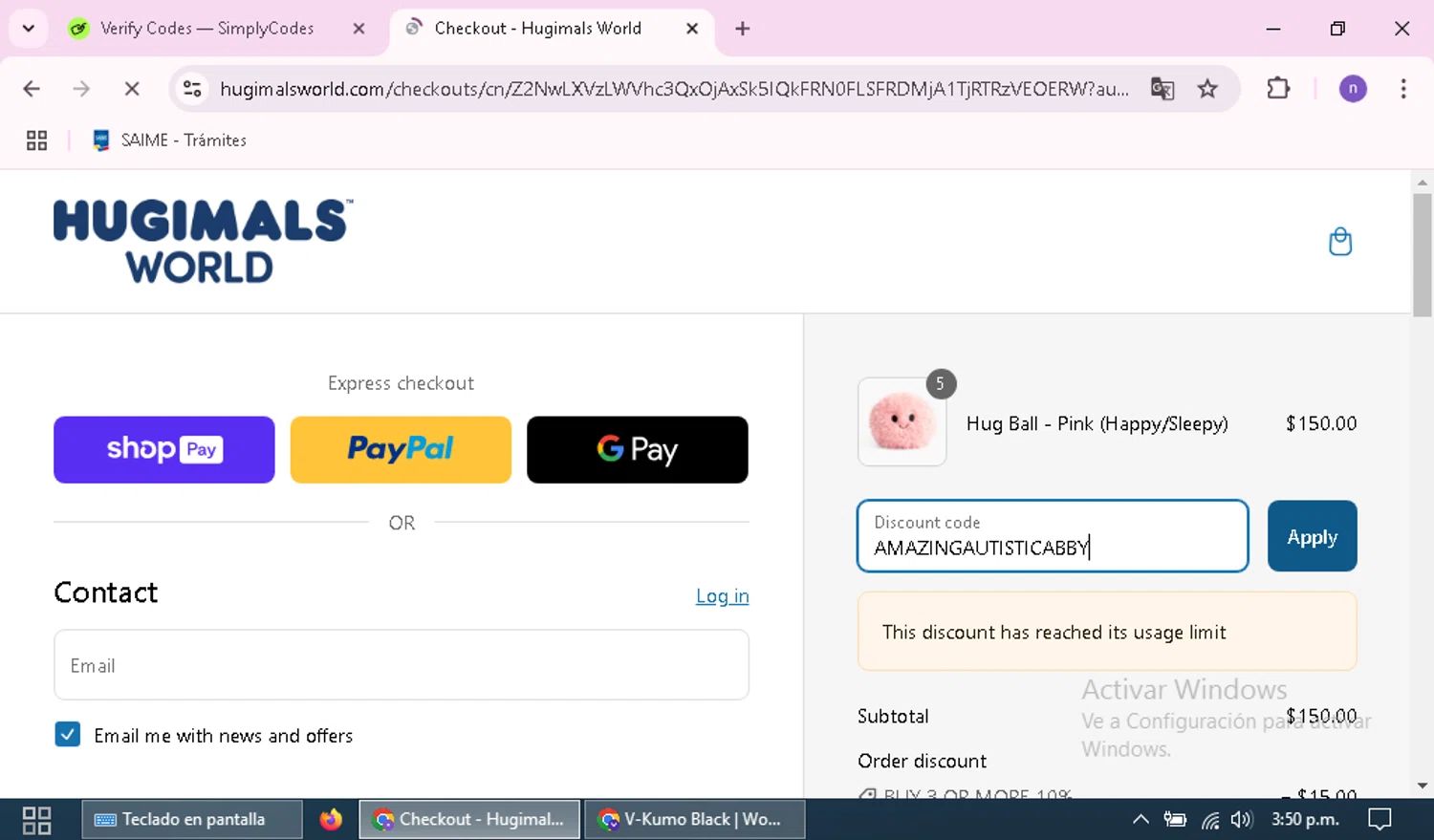 Hugimals World promo code screenshot showing code AMAZINGAUTISTICABBY applied at Hugimals World checkout page. Uploaded by SimplyCodes community member nairelysnavarro1 on Mar 4, 2025