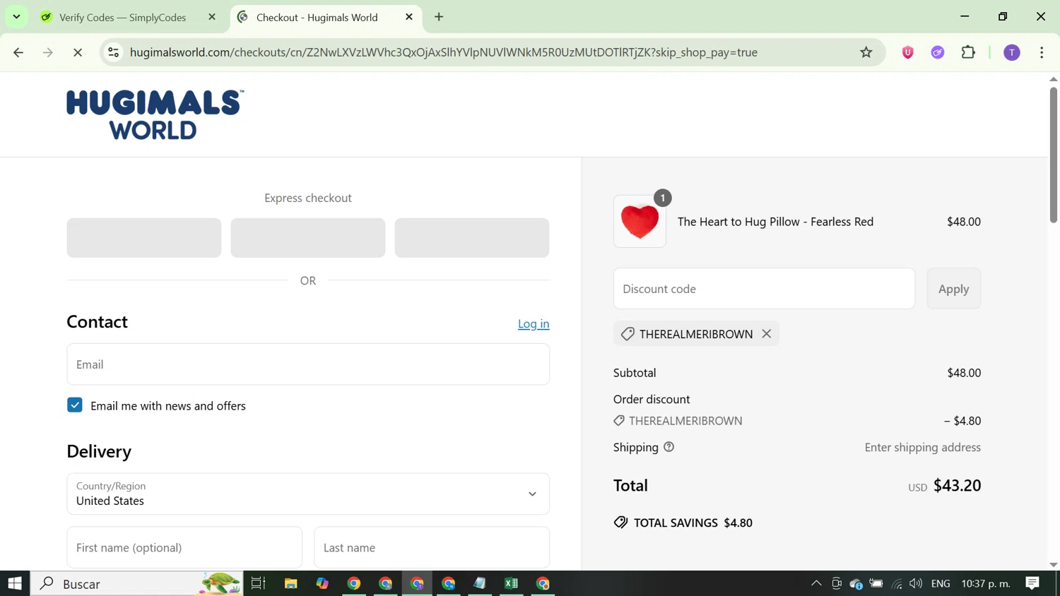 Hugimals World promo code screenshot showing code THEREALMERIBROWN applied at Hugimals World checkout page. Uploaded by SimplyCodes community member FortunateCurator5882 on Jun 17, 2025