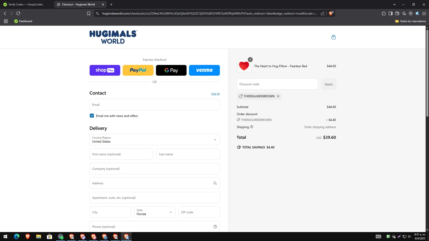 Hugimals World promo code screenshot showing code THEREALMERIBROWN applied at Hugimals World checkout page. Uploaded by SimplyCodes community member PrimeExpert2544 on Apr 6, 2025